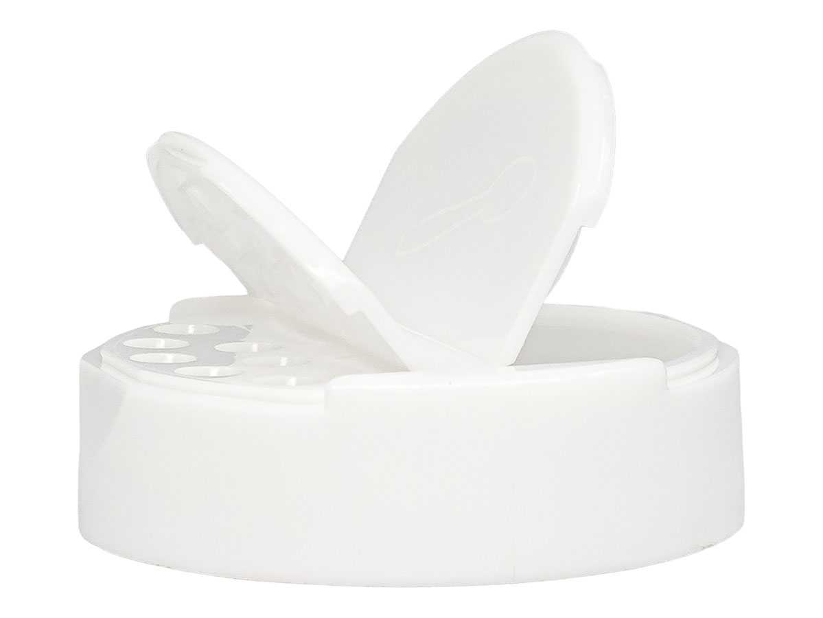 63/485 Finish, White, Caps, Dispensing, Smooth, Dual Flap, Shaker/Spoon Style, PS Lnr
