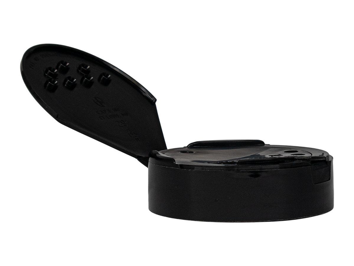 63/485 Finish, Black, Caps, Dispensing, Smooth, Single Flap, Shaker/Spoon Style, Hs Lnr, 63mm