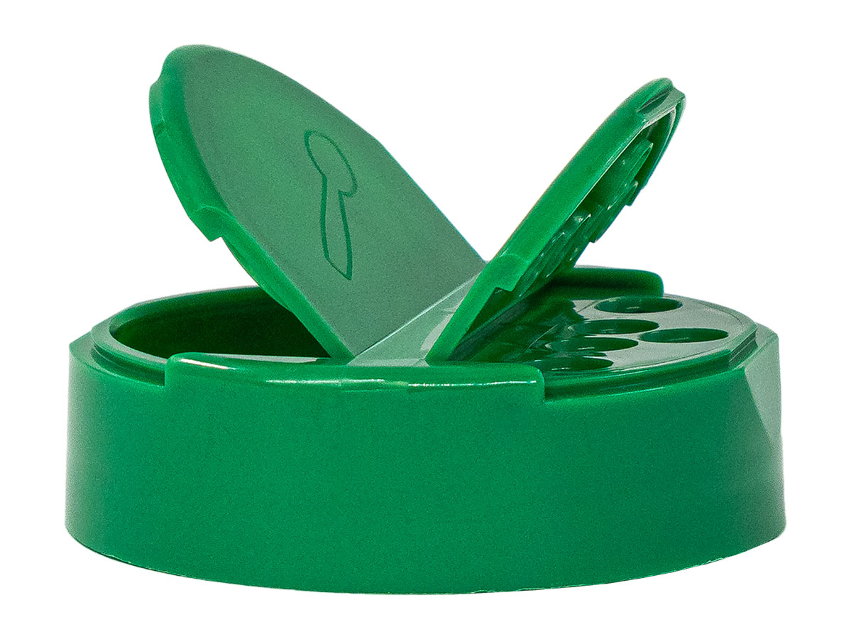 63/485 Finish, Green, Caps, Dispensing, Smooth, Dual Flap, Shaker/Spoon Style, Hs Lnr