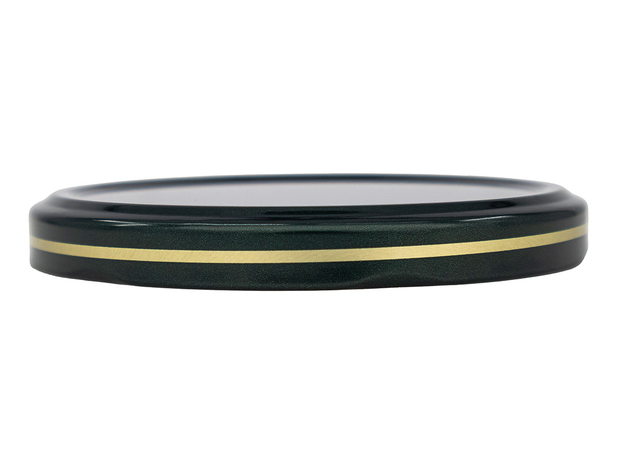 89mm 6 Lug Finish, Green/Gold, Caps, Metal, Smooth, Stacking Ring, Beige Inner, Plastisol Lnr