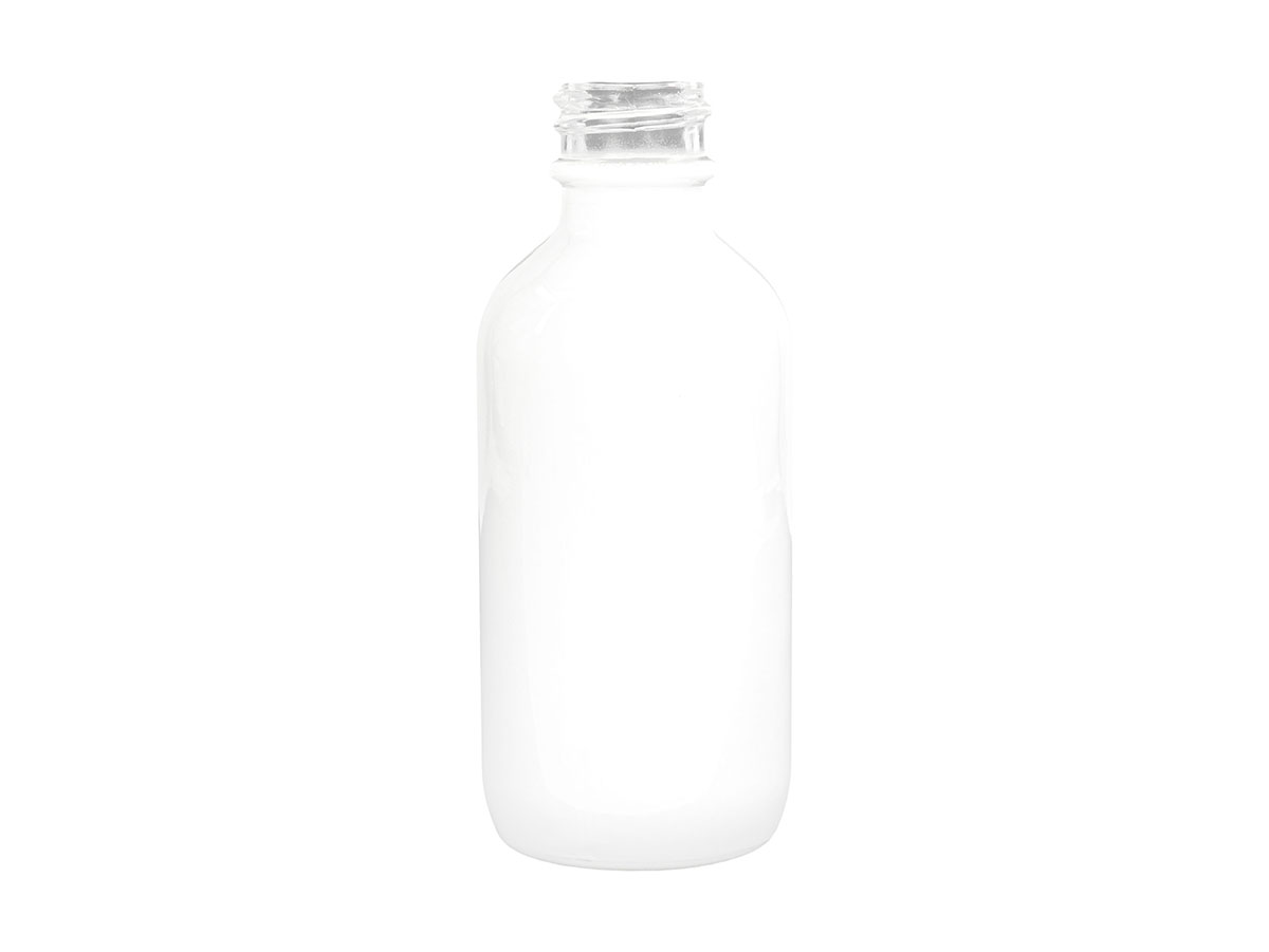 2 oz., 20/400 Finish, White, Bottles, Glass, Boston Round, Spray Coated