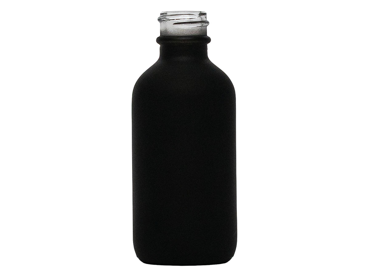 2 oz., 20/400 Finish, Matte Black, Bottles, Glass, Boston Round, Spray Coated
