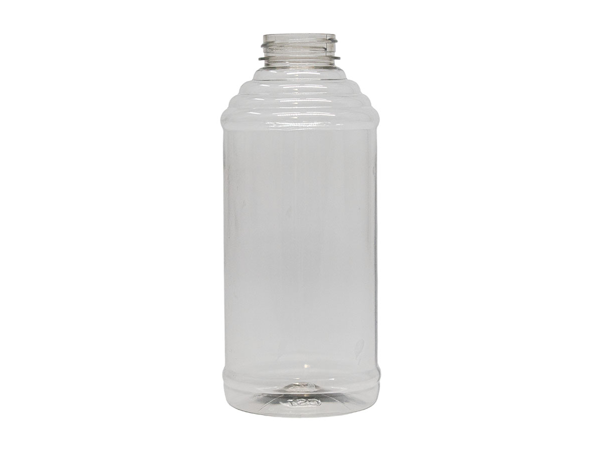 24 oz., 38/400 Finish, Clear, Bottles, PET, Honey Style Round, Ribbed Shoulder, Label Panel