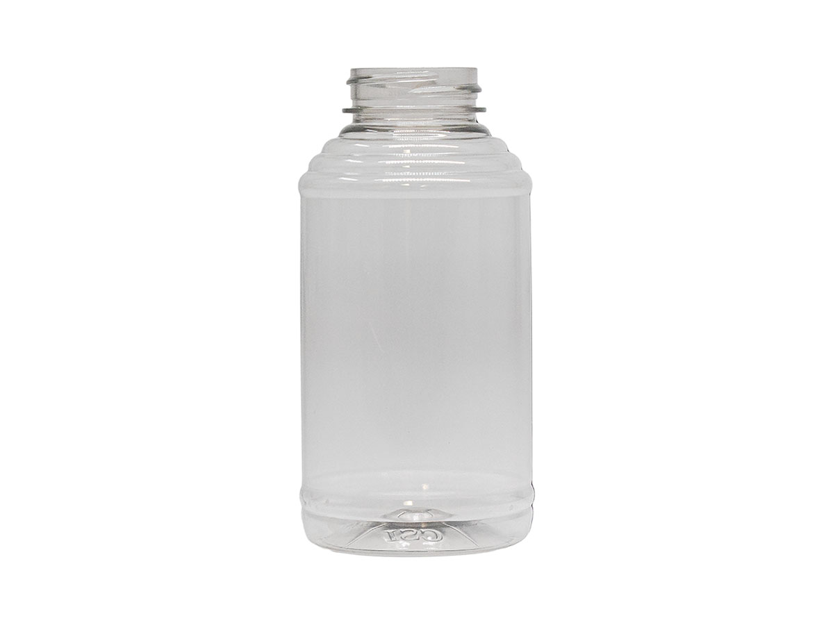 12 oz., 12 oz. Finish, Clear, Bottles, PET, Honey Style Round, Ribbed Shoulder, Label Panel