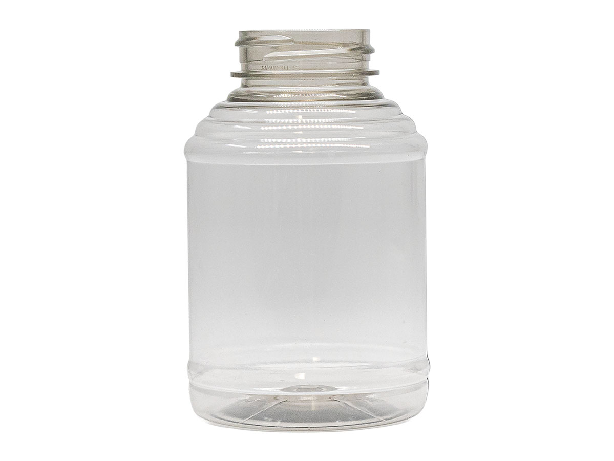 8 oz., 38/400 Finish, Clear, Bottles, PET, Honey Style Round, Ribbed Shoulder, Label Panel