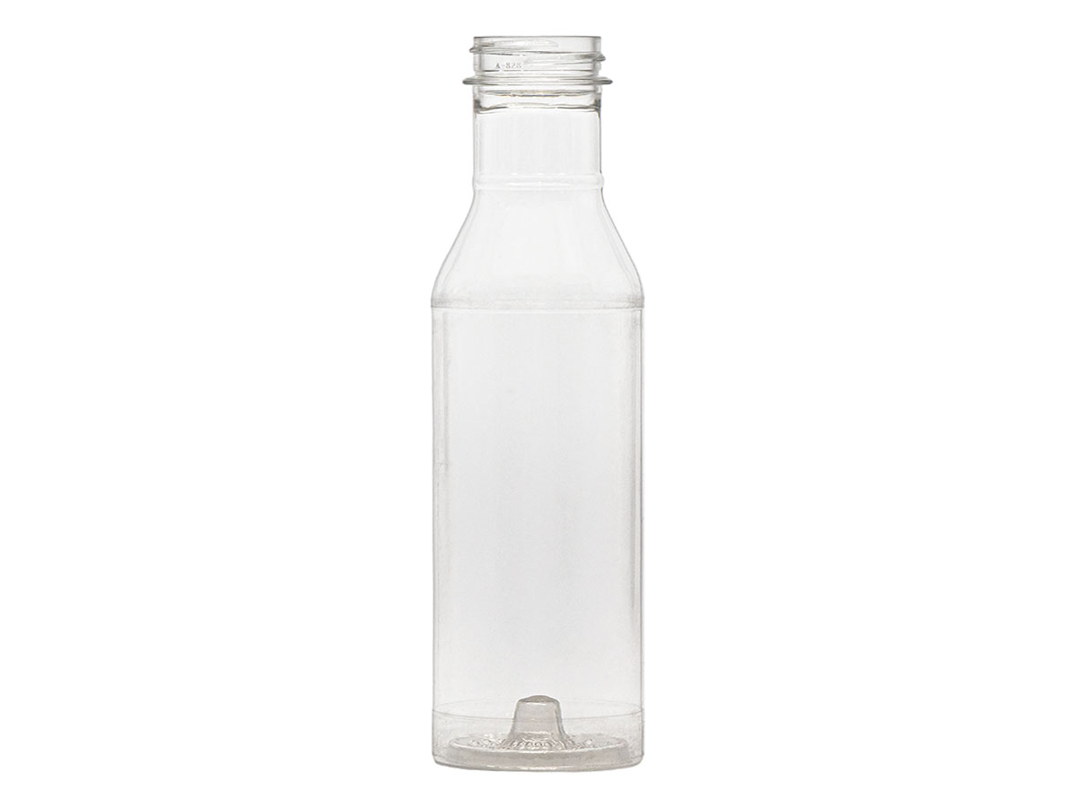12 oz., 38/400 Finish, Clear, Bottles, Pet, Sauce Style Round, Label Panel
