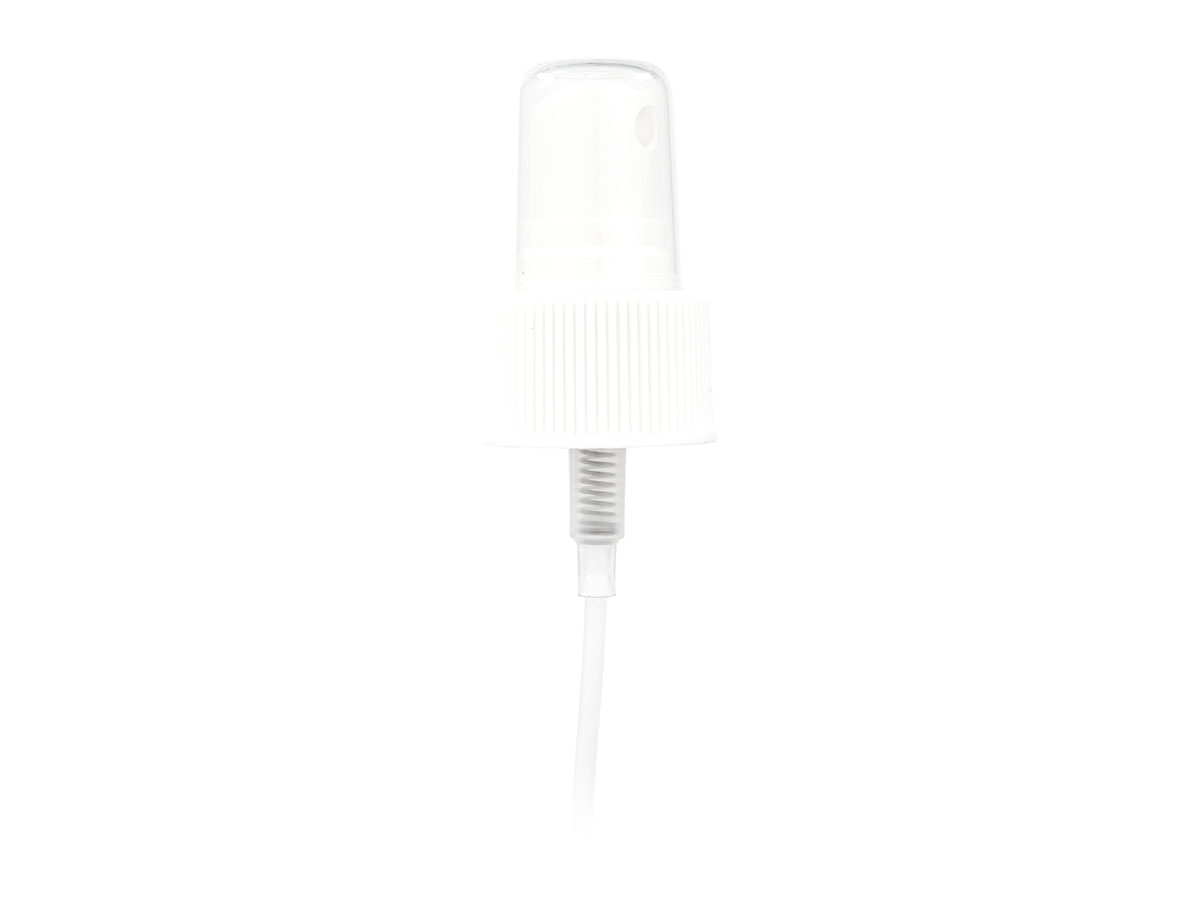 24/410 Finish, White, Sprayers, Fine Mist, Fine Ribbed, Clear Hood, 5 3/8" DT