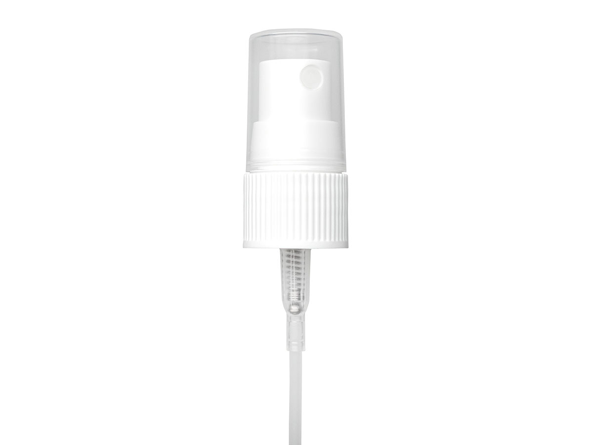 18/415 Finish, White, Sprayers, Fine Mist, Fine Ribbed, Clear Hood, 4 5/8" DT