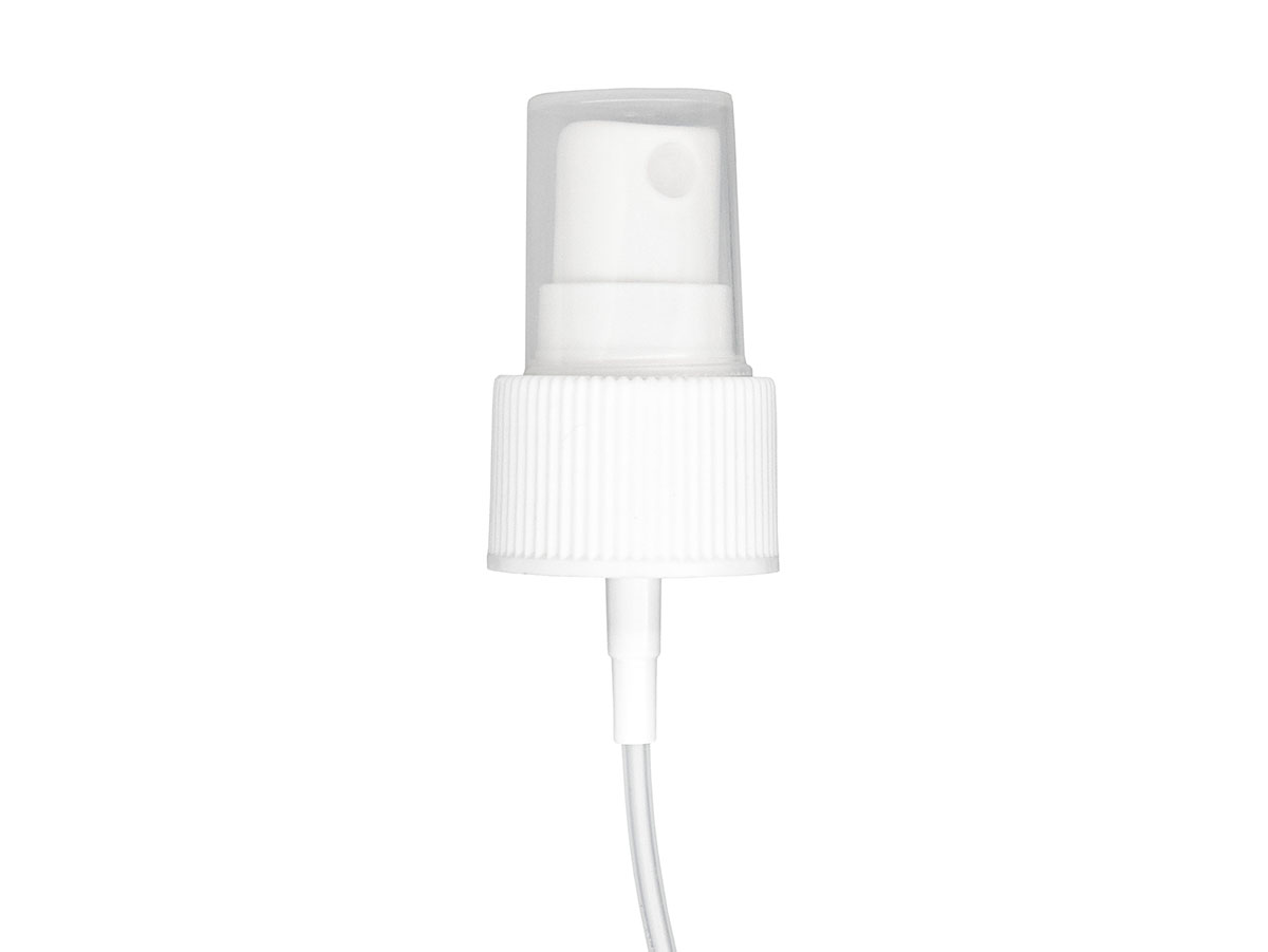 24/410 Finish, White, Sprayers, Fine Mist, Fine Ribbed, Clear Hood, 6 3/4" DT