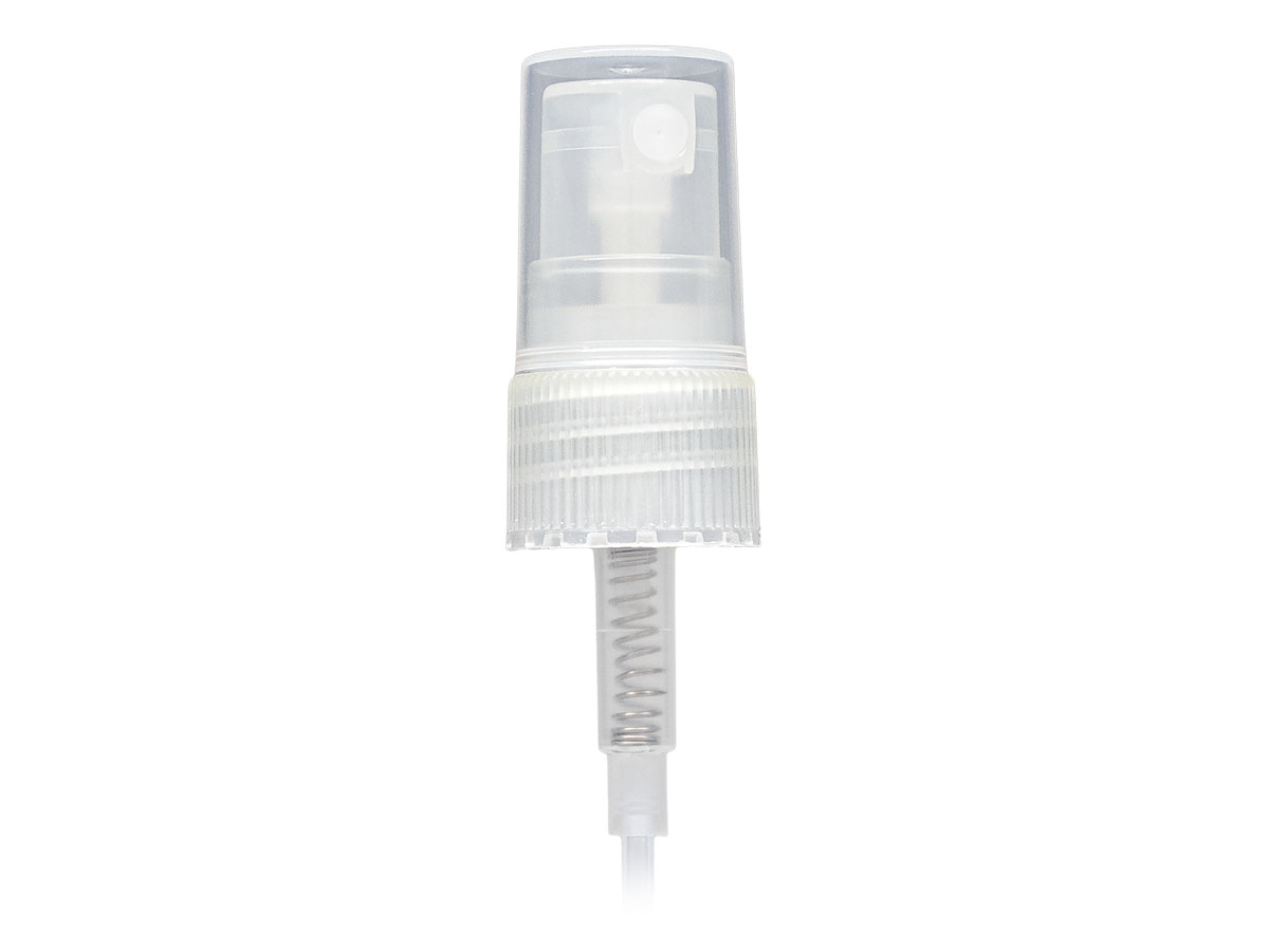 18/410 Finish, Natural, Sprayers, Fine Mist, Fine Ribbed, Clear PP Hood, 3 1/4" DT