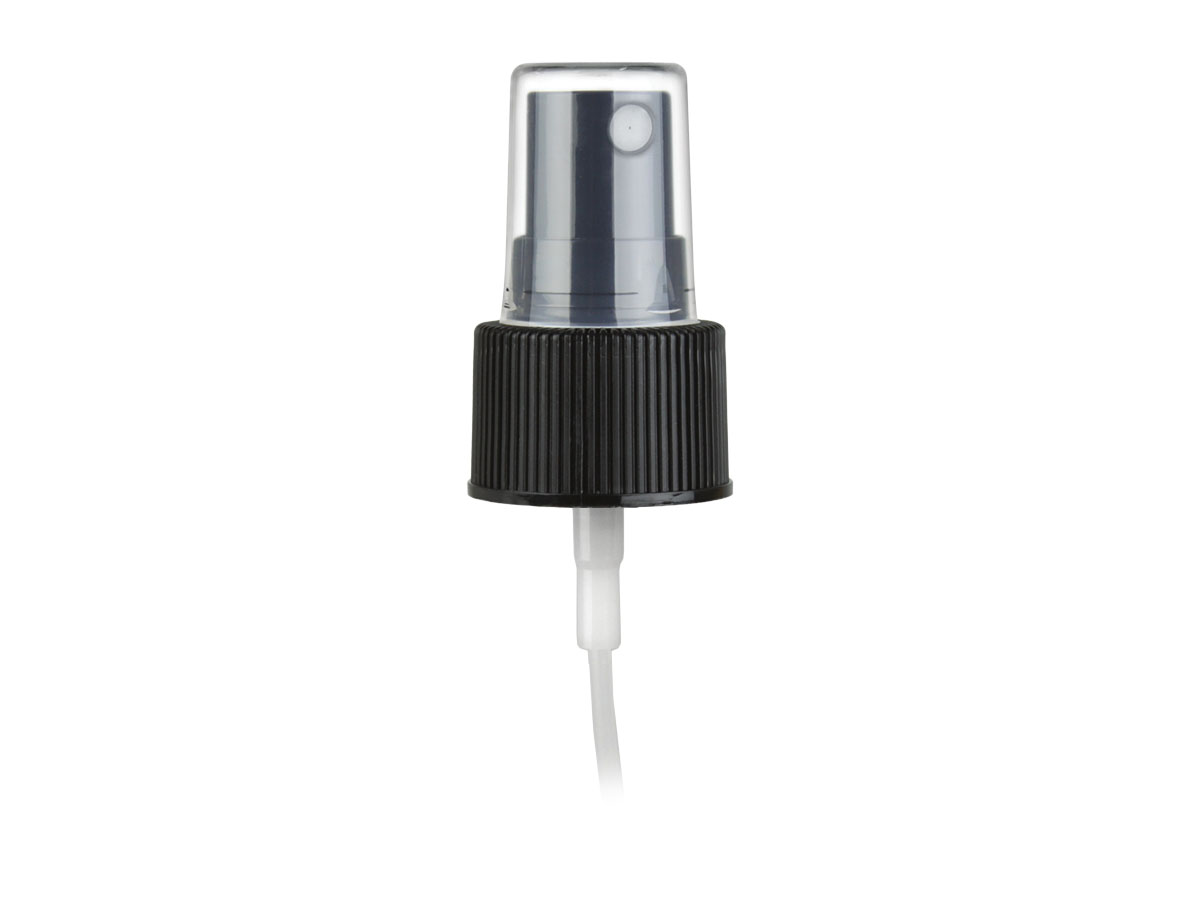 24/410 Finish, Black, Sprayers, Fine Mist, Fine Ribbed, Clear Hood, 6 3/4" DT