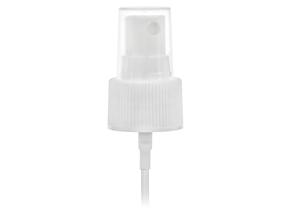 24/410 Finish, White, Sprayers, Fine Mist, Fine Ribbed, Clear Hood, 6 3/4" DT