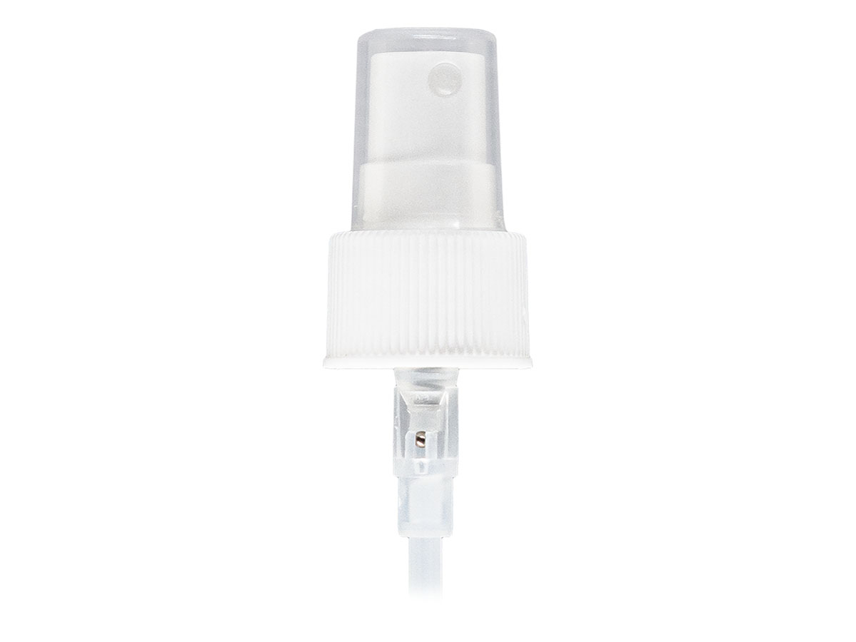 24/410 Finish, White, Sprayers, Fine Mist, Fine Ribbed, Clear Hood, 4 7/8" DT