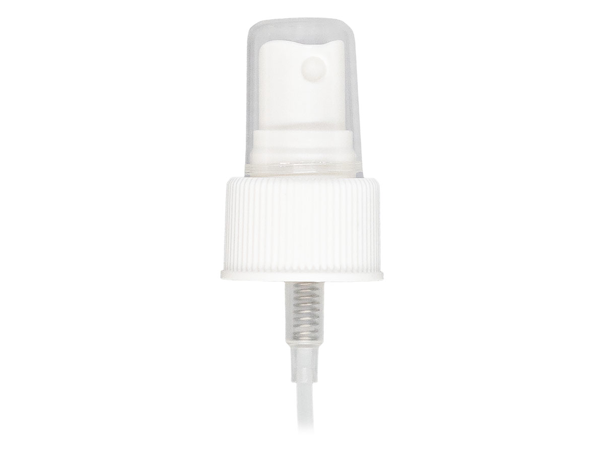 24/410 Finish, White, Sprayers, Fine Mist, Fine Ribbed, Clear Hood, 4 1/4" Dt