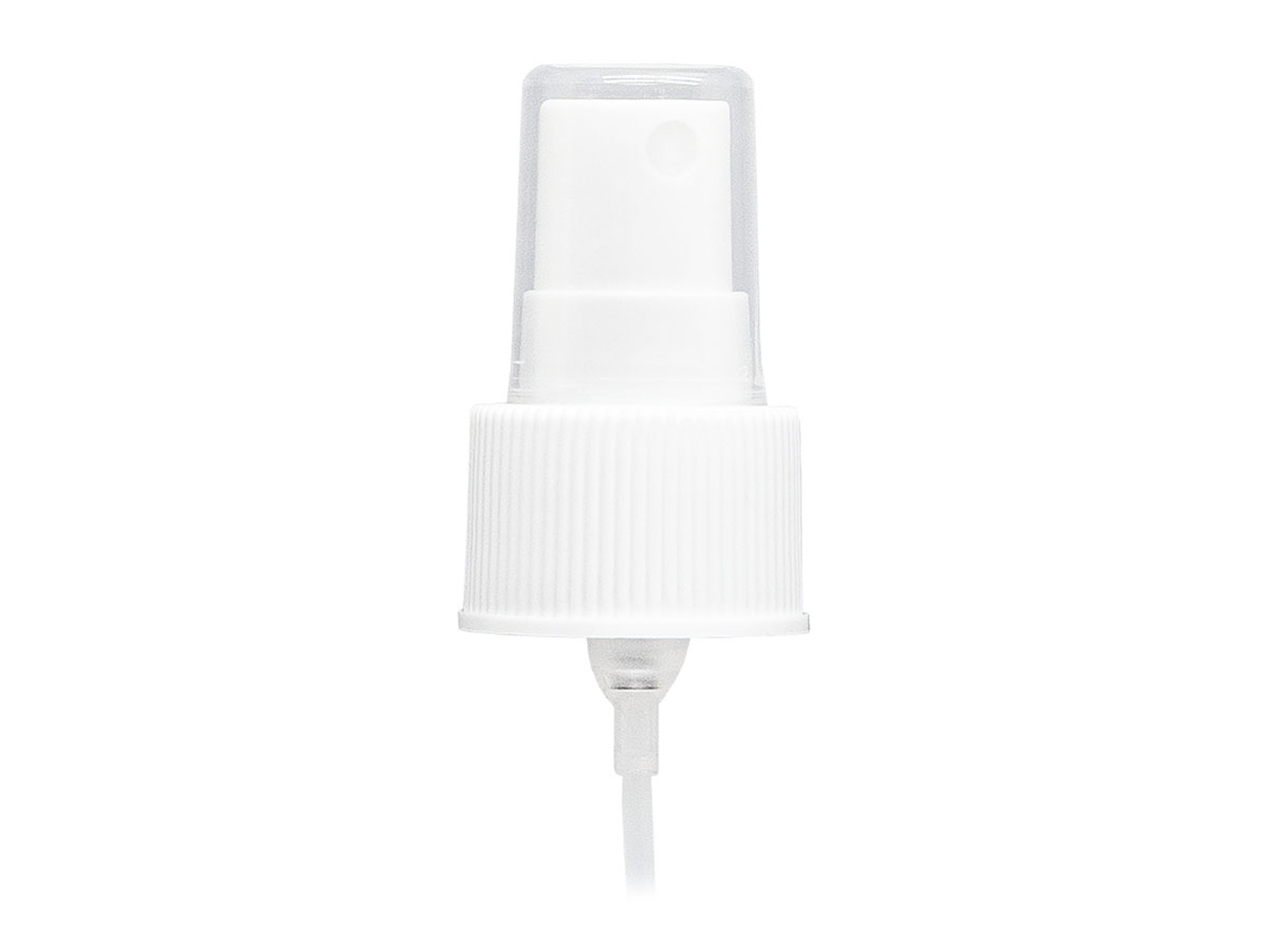 24/410 Finish, White, Sprayers, Fine Mist, Fine Ribbed, Clear Hood, 6 1/2" DT