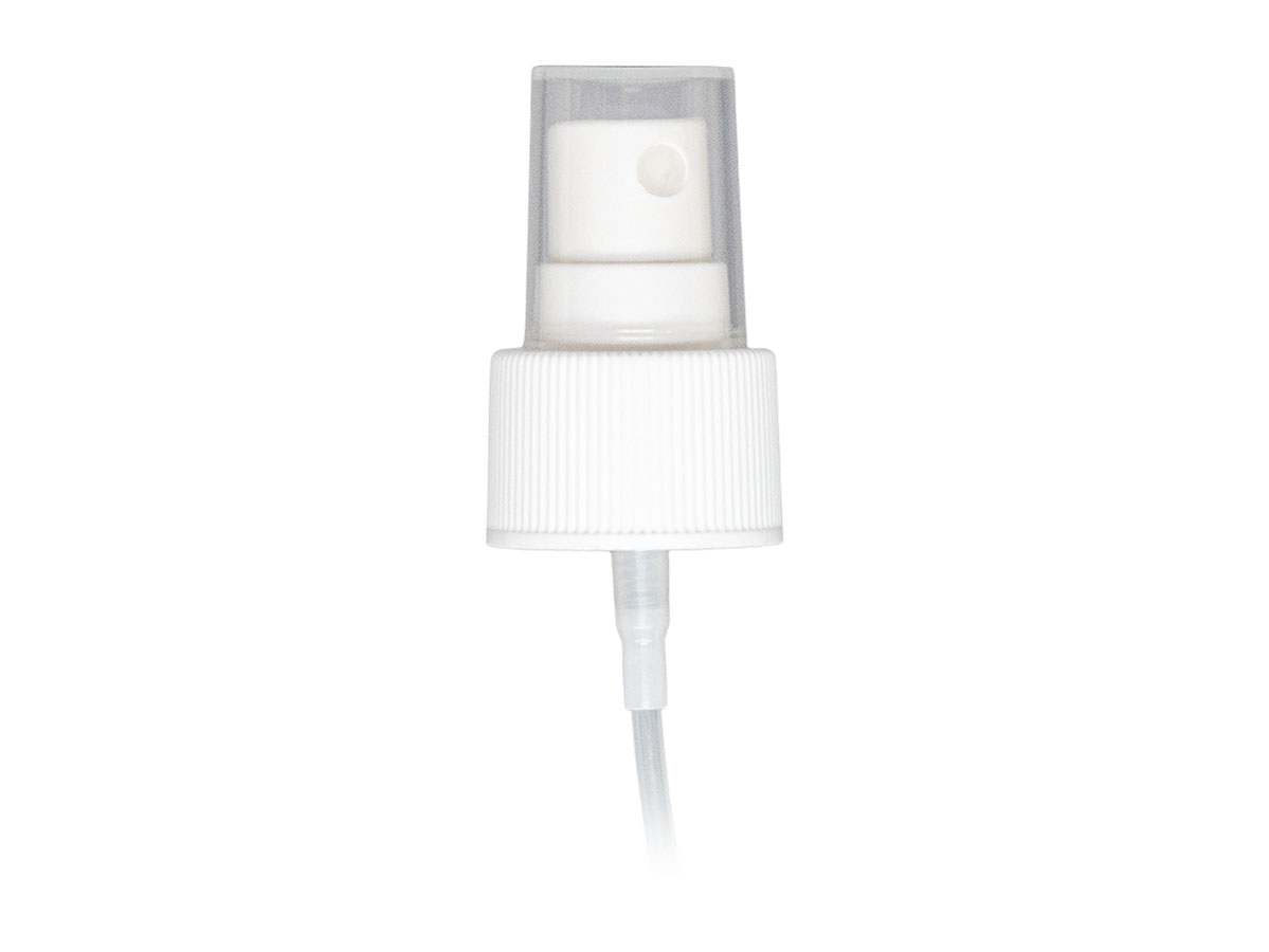 24/410 Finish, White, Sprayers, Fine Mist, Fine Ribbed, Clear Hood, 5 1/4" Dt
