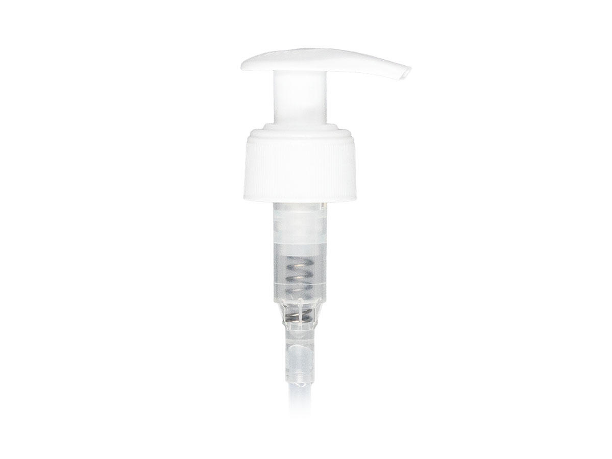 28/410 Finish, White, Pumps, Lotion, Fine Ribbed, Lock Up, 1.5cc, 4 5/8" Dt