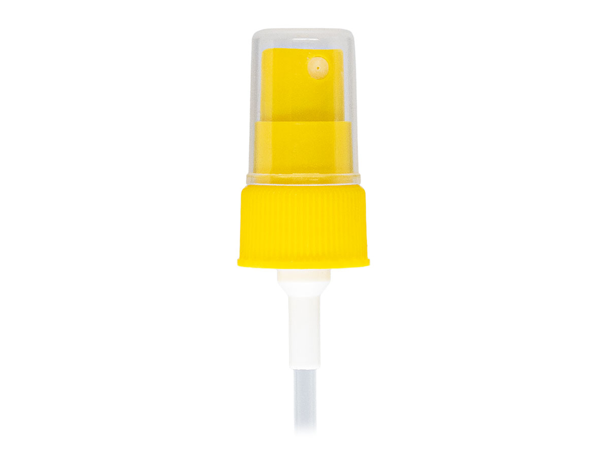 24/410 Finish, Yellow, Sprayers, Regular Mist, Fine Ribbed, Clear Hood, 5 1/4" DT