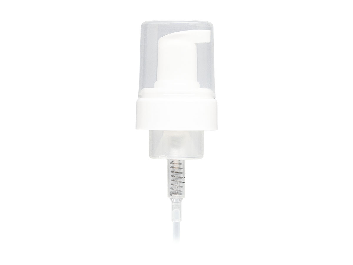 43mm Finish, White, Pumps, Foamer, Clear Hood, 5" Dt