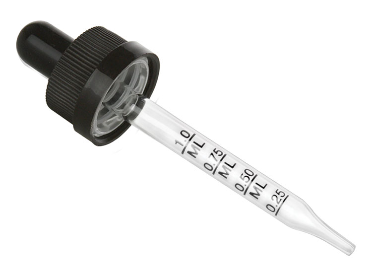20/400 Finish, Black, Droppers, CRC, Fine Ribbed, 2 3/4" Glass Pipette