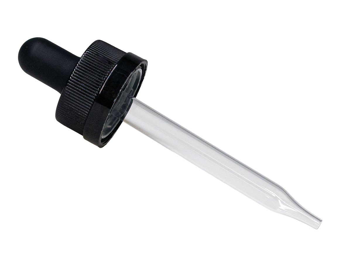 20/400 Finish, Black, Droppers, CRC, Fine Ribbed, 2 3/4" Glass Pipette, Tapered