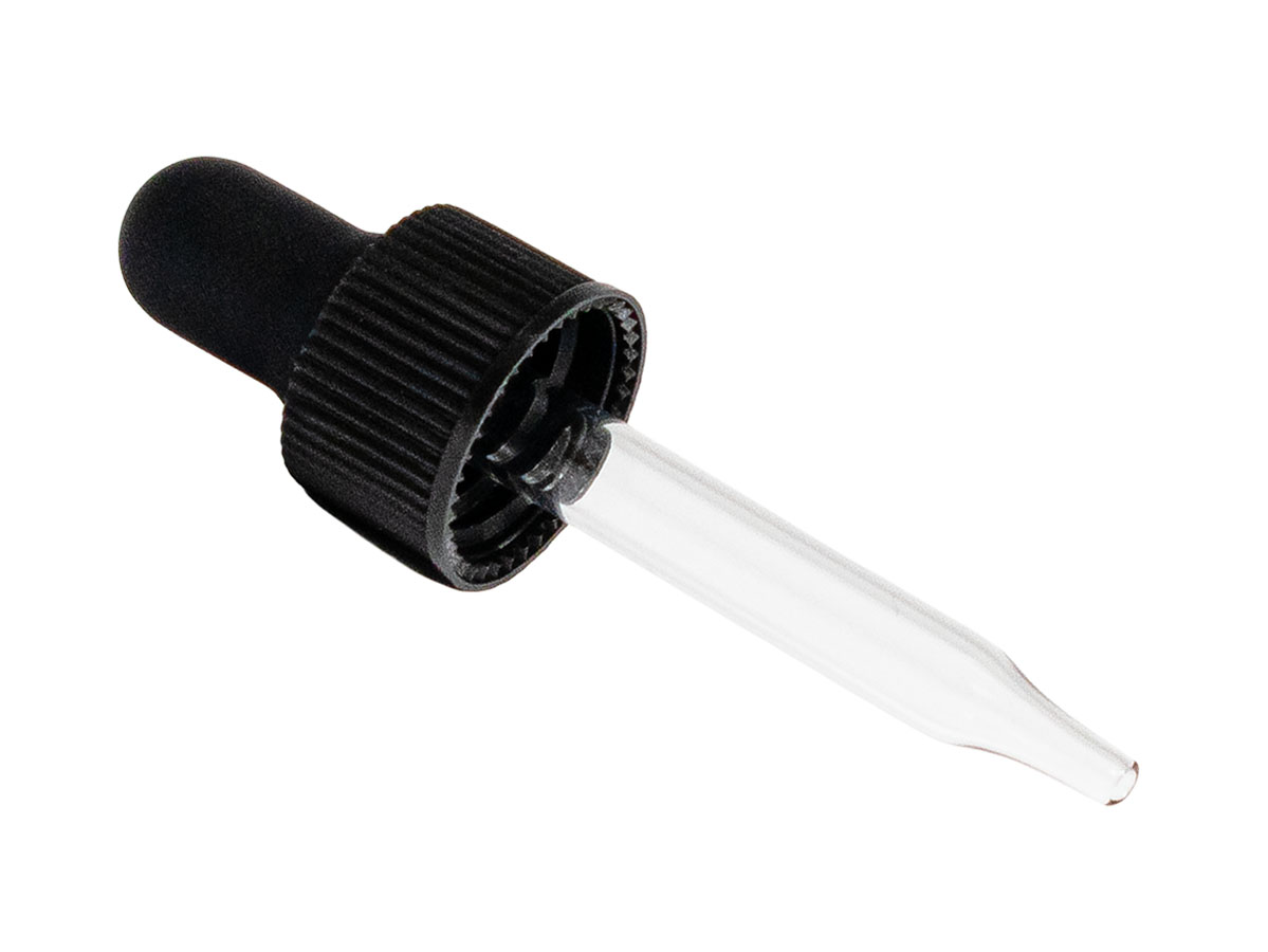 13/425 Finish, Black, Droppers, Fine Ribbed, 1 9/16" Glass Pipette
