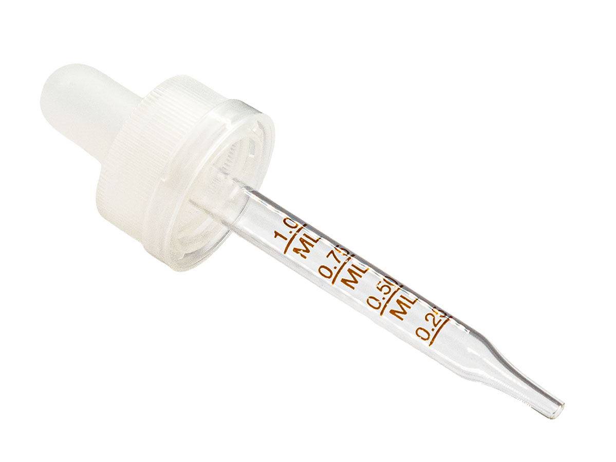 20/400 Finish, Natural, Droppers, Fine Ribbed, 2 1/2" Glass Pipette