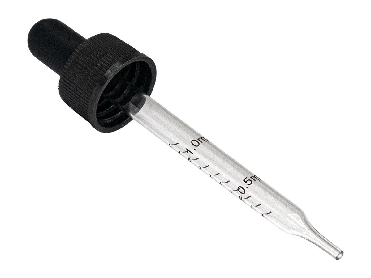 20/400 Finish, Black, Droppers, Fine Ribbed, 3 3/8" Glass Pipette
