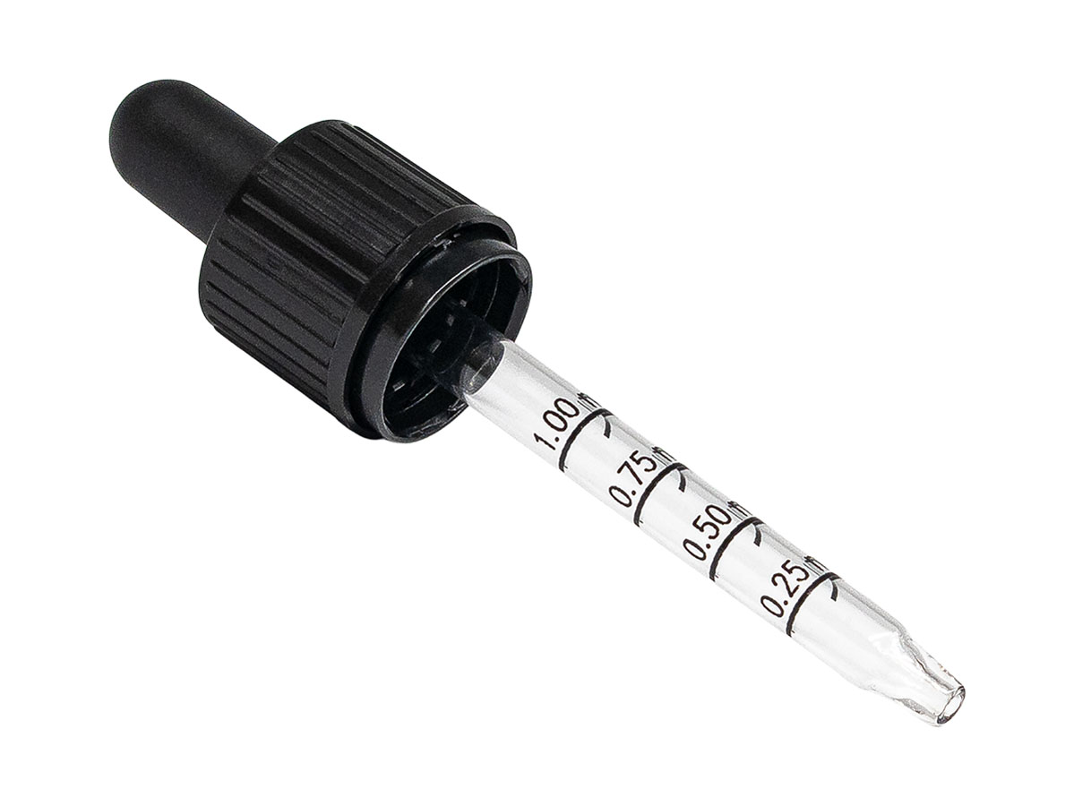 18mm Te Finish, Black, Droppers, Crc, Fine Ribbed, 3" Glass Pipette