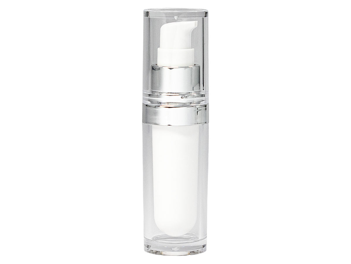 15 mL, 20/410 Finish, Clear/White/Silver, Sets, Bottles/Pumps/Overcaps, Acrylic, Cylinder Round
